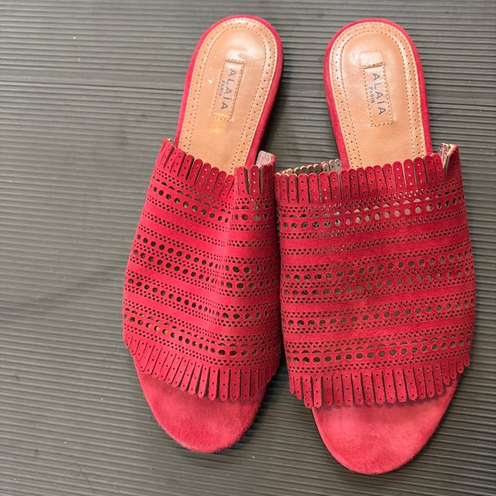 Alaia Suede Laser Cut Fringe Slides